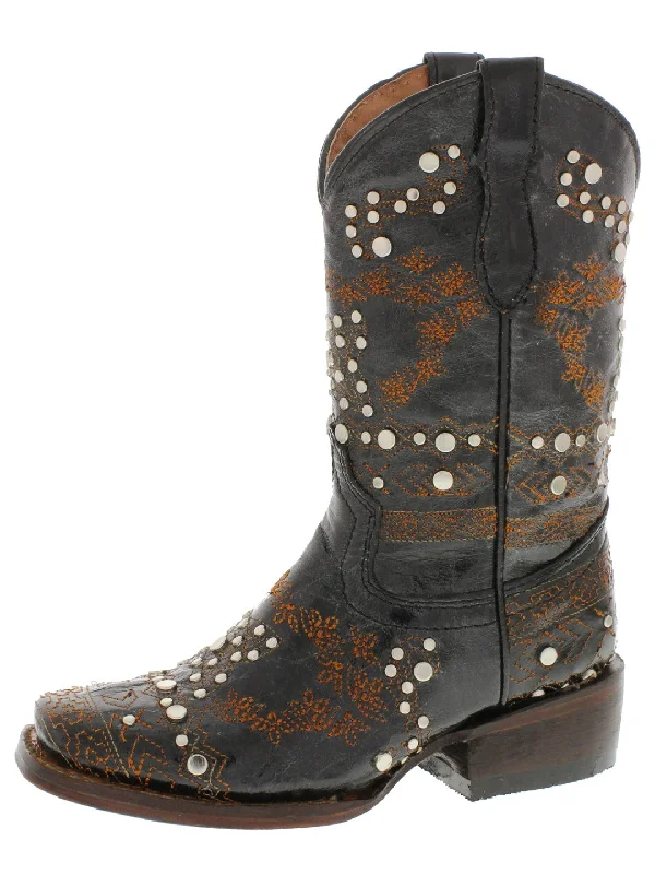 Men's cowboy boots with a leather sole for a classic lookKids Pescara Black Western Cowboy Boots Leather - Square Toe Men's cowboy boots with a leather sole for a classic lookKids Pescara Black Western Cowboy Boots Leather - Square Toe