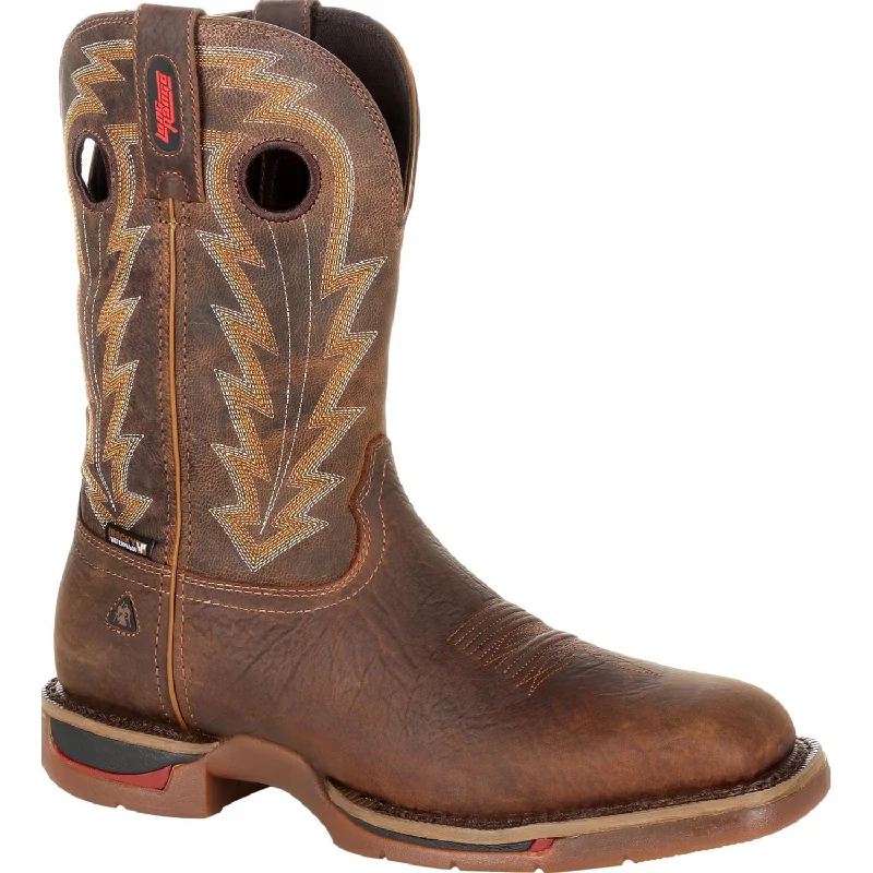 Men's cowboy boots with a concho belt detailRocky Mens Distressed Brown Leather Long Range 11in WP Cowboy Boots Men's cowboy boots with a concho belt detailRocky Mens Distressed Brown Leather Long Range 11in WP Cowboy Boots