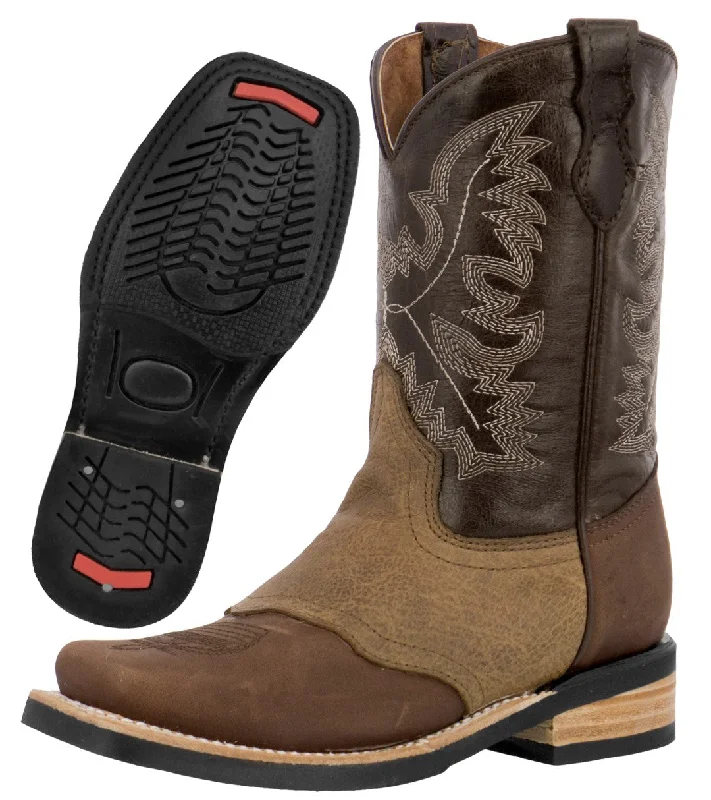 Men's cowboy boots with a pull - on strapKids Unisex Real Leather Western Boots Brown Square Toe Botas