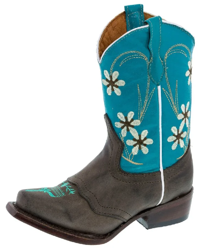 Men's cowboy boots with a pull - on strapGirls Kids Baby Blue & Dark Brown Floral Embroidered Cowgirl Boots Snip Toe Men's cowboy boots with a pull - on strapGirls Kids Baby Blue & Dark Brown Floral Embroidered Cowgirl Boots Snip Toe
