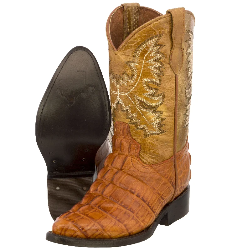 Men's cowboy boots with a snake - skin textureKids Cognac Alligator Tail Print Leather Cowboy Boots J Toe Men's cowboy boots with a snake - skin textureKids Cognac Alligator Tail Print Leather Cowboy Boots J Toe