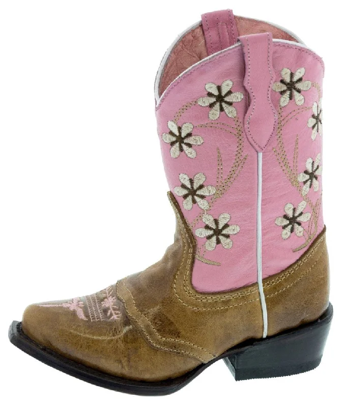 Men's cowboy boots with a high - heeled designKids Pink & Light Brown Western Cowboy Boots Floral Leather - Snip Toe Men's cowboy boots with a high - heeled designKids Pink & Light Brown Western Cowboy Boots Floral Leather - Snip Toe