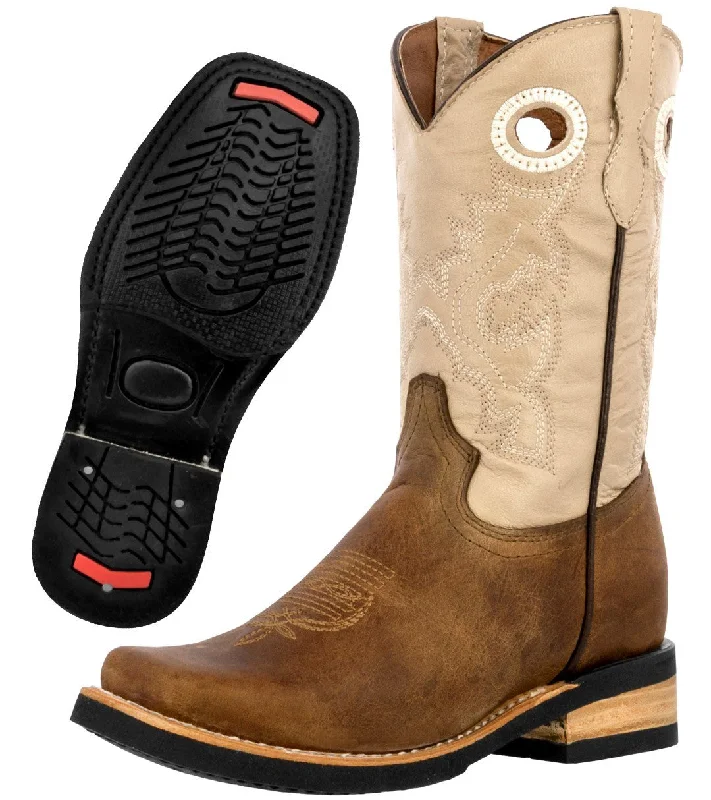 Men's cowboy boots with a rubber sole for tractionKids Unisex Real Leather Western Boots Light Brown Two ToneSquare Toe Botas