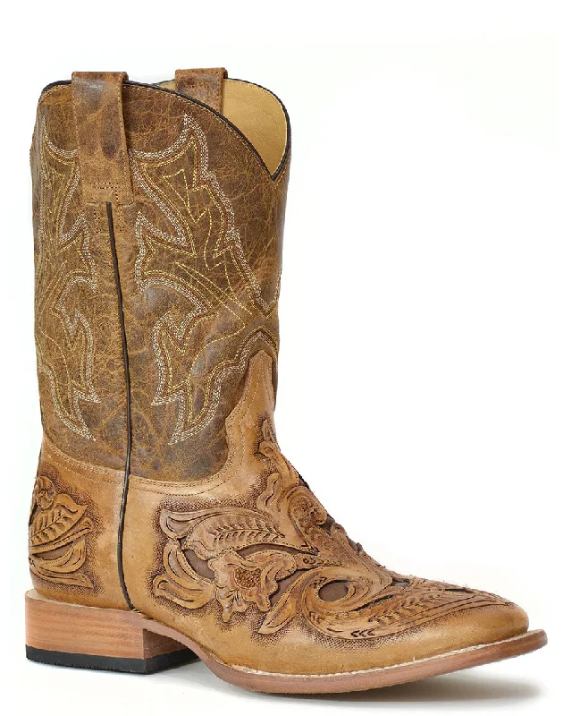 Men's cowboy boots in a dark brown leatherMen's Handtooled Wicks Western Boots