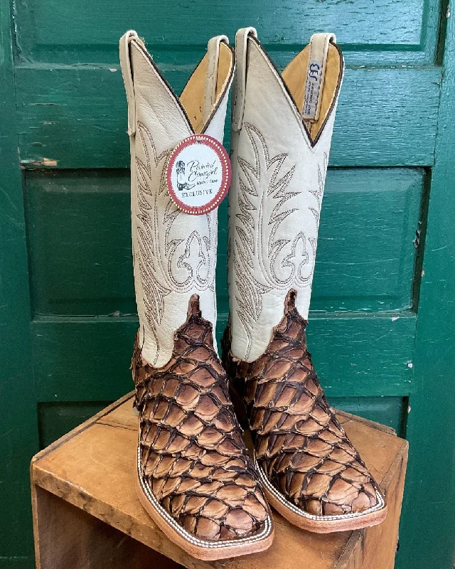 Western - style men's cowboy boots with intricate stitchingAnderson Bean Men's Brown Big Bass Arapaima Pirarucu & Bone Deerskin Cowboy Boots 333577 Western - style men's cowboy boots with intricate stitchingAnderson Bean Men's Brown Big Bass Arapaima Pirarucu & Bone Deerskin Cowboy Boots 333577