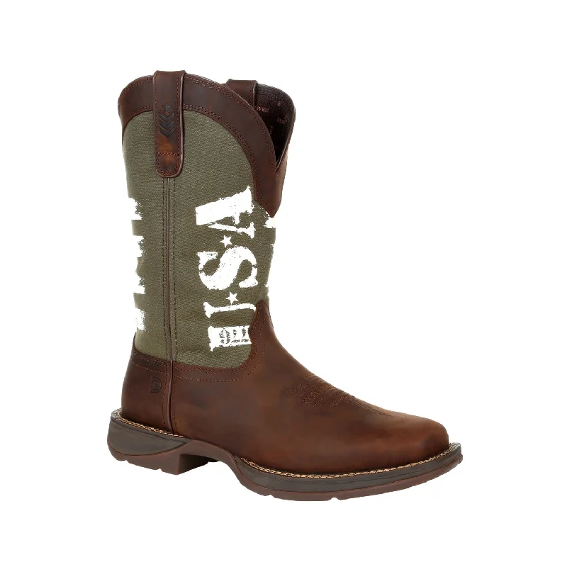 Men's cowboy boots with a concho belt detailDurango Mens Brown/Army Green Leather Rebel USA Cowboy Boots