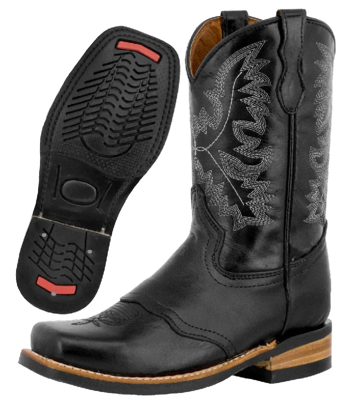 Men's genuine leather cowboy boots with a pointed toeKids Unisex Real Leather Western Boots Solid Black Square Toe Botas Men's genuine leather cowboy boots with a pointed toeKids Unisex Real Leather Western Boots Solid Black Square Toe Botas