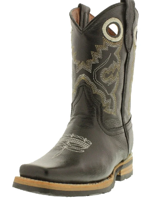 Men's cowboy boots with a snake - skin textureKids Barcelona Black Solid Leather Western Cowboy Boots - Square Toe Men's cowboy boots with a snake - skin textureKids Barcelona Black Solid Leather Western Cowboy Boots - Square Toe