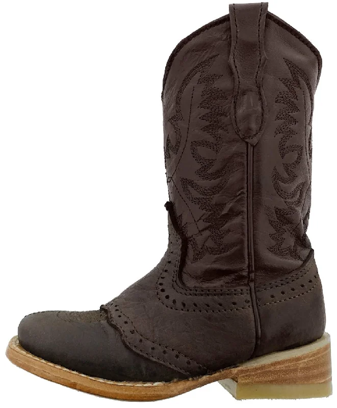 Men's cowboy boots with a decorative inlayKids Grizzly Brown Western Cowboy Boots Leather - Square Toe Men's cowboy boots with a decorative inlayKids Grizzly Brown Western Cowboy Boots Leather - Square Toe