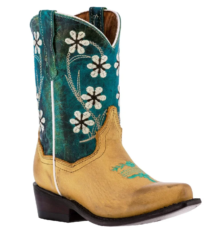 Men's cowboy boots with a high - heeled designKids Western Boots Flower Embroidered Leather Teal Buttercup Snip Toe Botas Men's cowboy boots with a high - heeled designKids Western Boots Flower Embroidered Leather Teal Buttercup Snip Toe Botas