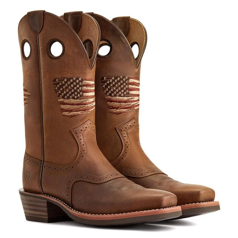 Men's genuine leather cowboy boots with a pointed toeAriat Men's Roughstock Patriot Narrow Square Toe Cowboy Boots 10040348 Men's genuine leather cowboy boots with a pointed toeAriat Men's Roughstock Patriot Narrow Square Toe Cowboy Boots 10040348