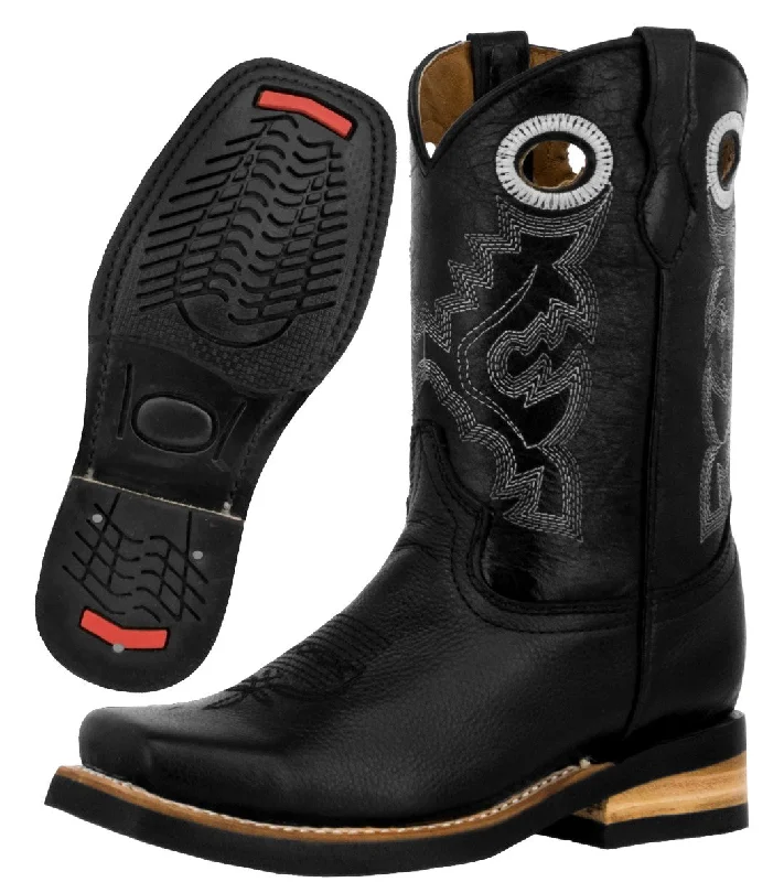 Men's cowboy boots with a scalloped edgeKids Unisex Genuine Leather Western Wear Boots Black Casual Rodeo Square Botas Men's cowboy boots with a scalloped edgeKids Unisex Genuine Leather Western Wear Boots Black Casual Rodeo Square Botas