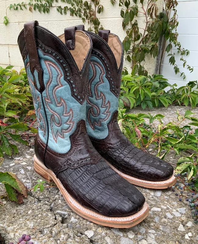 Men's cowboy boots in a dark brown leatherCorral Men's Brown Caiman Overlay Wide Square Toe Cowboy Boots A4286 Men's cowboy boots in a dark brown leatherCorral Men's Brown Caiman Overlay Wide Square Toe Cowboy Boots A4286