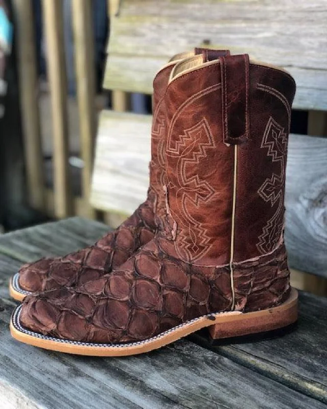 Western - style men's cowboy boots with intricate stitchingAnderson Bean Men's Brown Big Bass & Burnt Orange Explosion Square Toe Cowboy Boots 323443 Western - style men's cowboy boots with intricate stitchingAnderson Bean Men's Brown Big Bass & Burnt Orange Explosion Square Toe Cowboy Boots 323443