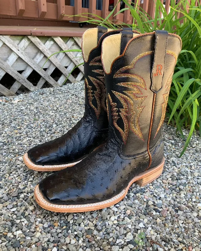 Men's cowboy boots with a distressed leather finishR. Watson Men's Black Full Quill Ostrich Wide Square Toe Men's Cowboy Boots RW4507-2 Men's cowboy boots with a distressed leather finishR. Watson Men's Black Full Quill Ostrich Wide Square Toe Men's Cowboy Boots RW4507-2