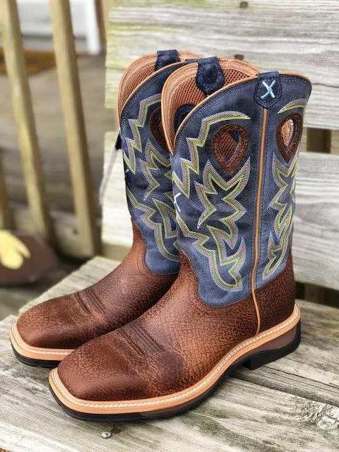 Men's cowboy boots in a dark brown leatherTwisted X Men's Distressed Peanut & Navy Lite Soft Square Toe Western Boots MLCW016 Men's cowboy boots in a dark brown leatherTwisted X Men's Distressed Peanut & Navy Lite Soft Square Toe Western Boots MLCW016