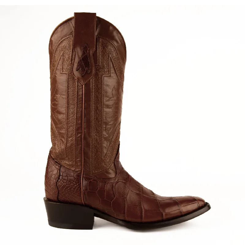Western - style men's cowboy boots with intricate stitchingFerrini Mens Cognac Leather Gator Belly R-Toe Stallion Cowboy Boots Western - style men's cowboy boots with intricate stitchingFerrini Mens Cognac Leather Gator Belly R-Toe Stallion Cowboy Boots