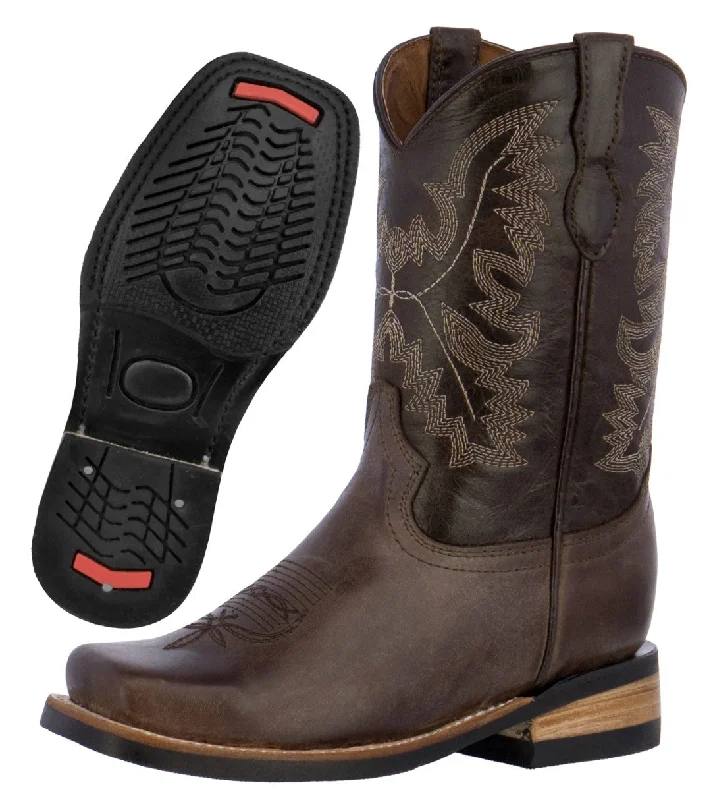 Men's cowboy boots with a tooled leather designKids Unisex Genuine Leather Western Wear Boots Dark Brown Square Toe Botas Men's cowboy boots with a tooled leather designKids Unisex Genuine Leather Western Wear Boots Dark Brown Square Toe Botas