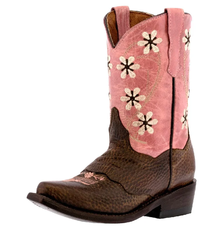Men's cowboy boots in a dark brown leatherKids FLR9 Pink Western Cowboy Boots Floral Leather - Snip Toe Men's cowboy boots in a dark brown leatherKids FLR9 Pink Western Cowboy Boots Floral Leather - Snip Toe