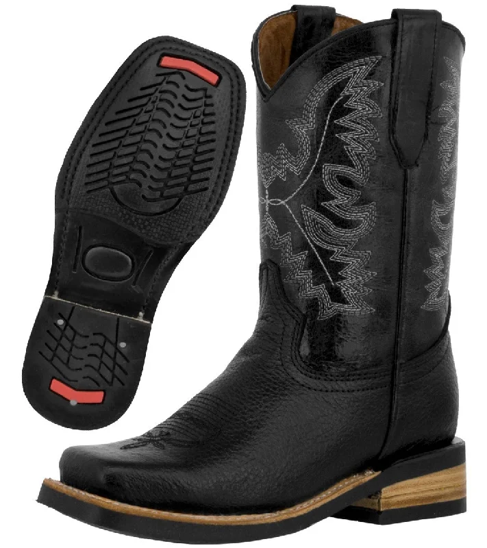 Men's cowboy boots with a pull - on strapKids Unisex Genuine Leather Western Wear Boots Black Square Toe Botas Men's cowboy boots with a pull - on strapKids Unisex Genuine Leather Western Wear Boots Black Square Toe Botas