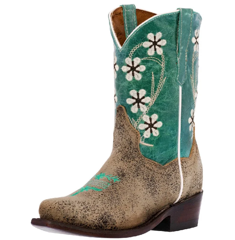 Vintage - style men's cowboy boots with a square toeKids FLR3 Teal Western Cowboy Boots Floral Leather - Snip Toe Vintage - style men's cowboy boots with a square toeKids FLR3 Teal Western Cowboy Boots Floral Leather - Snip Toe