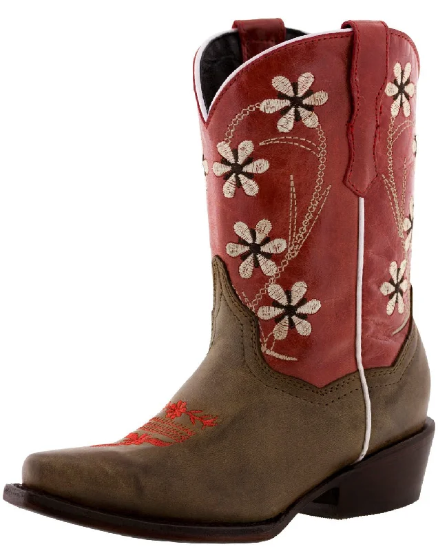 Men's cowboy boots with a leather sole for a classic lookKids Red & Brown Western Cowboy Boots Floral Leather - Snip Toe Men's cowboy boots with a leather sole for a classic lookKids Red & Brown Western Cowboy Boots Floral Leather - Snip Toe