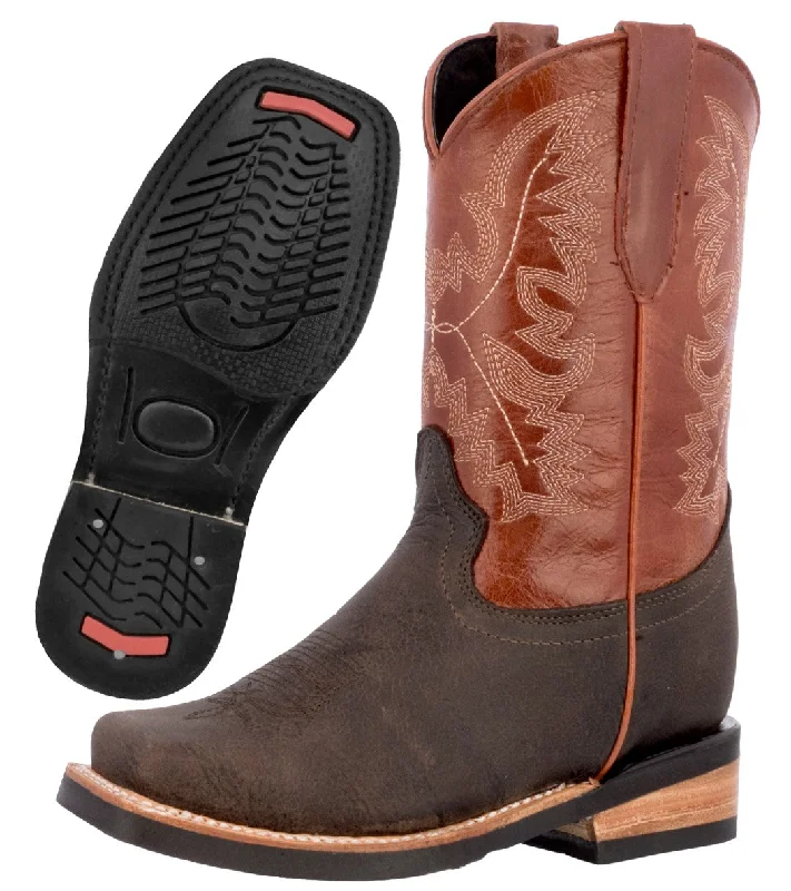 Men's cowboy boots with a pull - on strapKids Unisex Genuine Leather Western Wear Boots Cognac Square Toe Botas