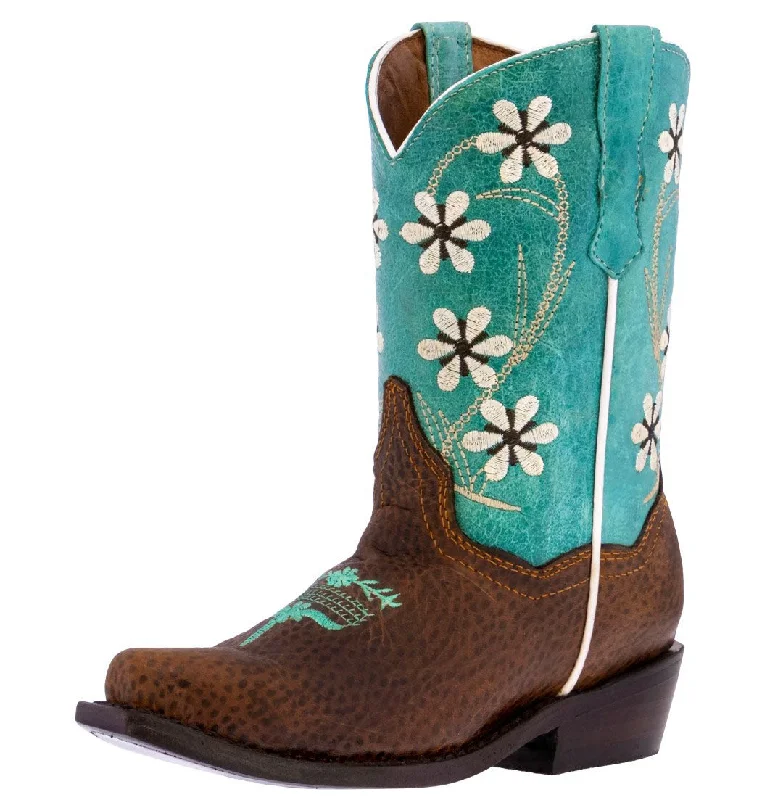 Men's cowboy boots with a concho belt detailKids FLR6 Teal Western Cowboy Boots Floral Leather - Snip Toe Men's cowboy boots with a concho belt detailKids FLR6 Teal Western Cowboy Boots Floral Leather - Snip Toe