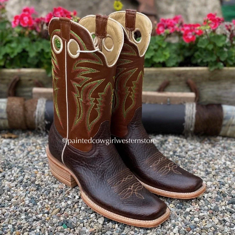 Vintage - style men's cowboy boots with a square toeR. Watson Men's Hickory Brown And Cinnamon Sinatra Cowhide Square Toe Cowboy Boots RW8023 Vintage - style men's cowboy boots with a square toeR. Watson Men's Hickory Brown And Cinnamon Sinatra Cowhide Square Toe Cowboy Boots RW8023