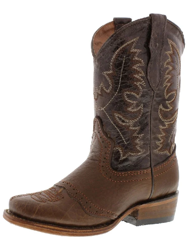 Men's cowboy boots with a rubber sole for tractionKids Grizzly Cognac Western Cowboy Boots Leather - Square Toe