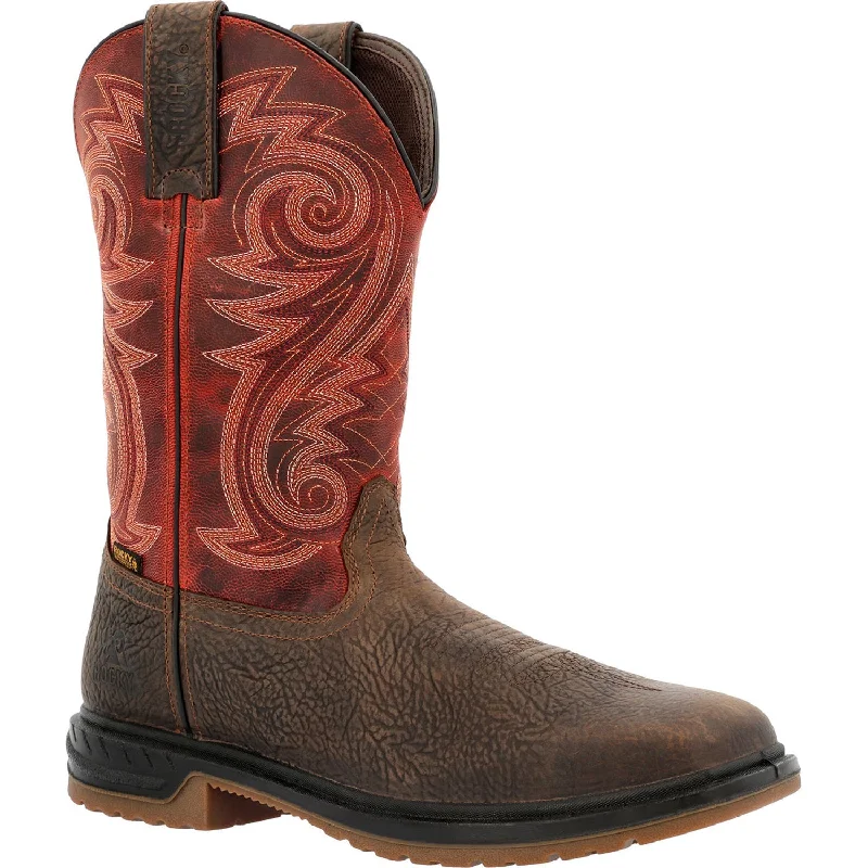 Vintage - style men's cowboy boots with a square toeRocky Mens Red/Dark Brown Leather WorkSmart 11in CT WP Cowboy Boots Vintage - style men's cowboy boots with a square toeRocky Mens Red/Dark Brown Leather WorkSmart 11in CT WP Cowboy Boots
