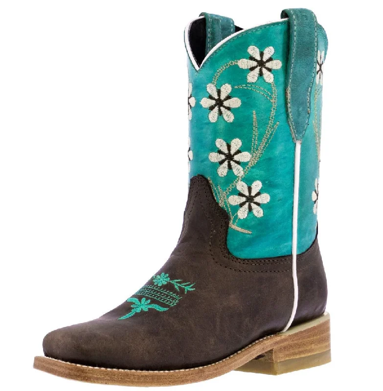 Men's genuine leather cowboy boots with a pointed toeKids FLR8 Teal Western Cowboy Boots Floral Leather - Square Toe Men's genuine leather cowboy boots with a pointed toeKids FLR8 Teal Western Cowboy Boots Floral Leather - Square Toe