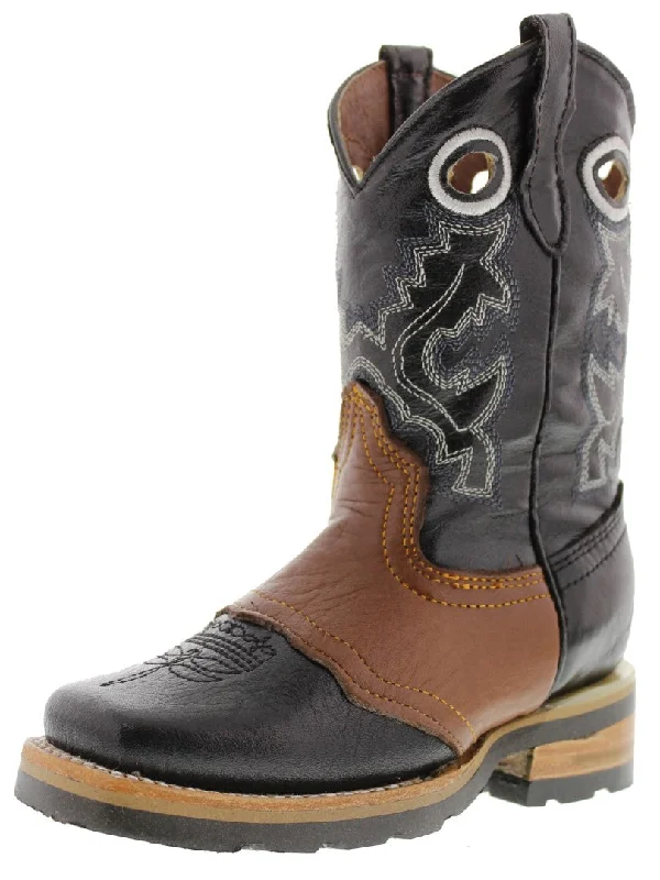 Men's cowboy boots with a high - heeled designKids Black & Honey Brown Real Leather Cowboy Boots - Square Toe Men's cowboy boots with a high - heeled designKids Black & Honey Brown Real Leather Cowboy Boots - Square Toe