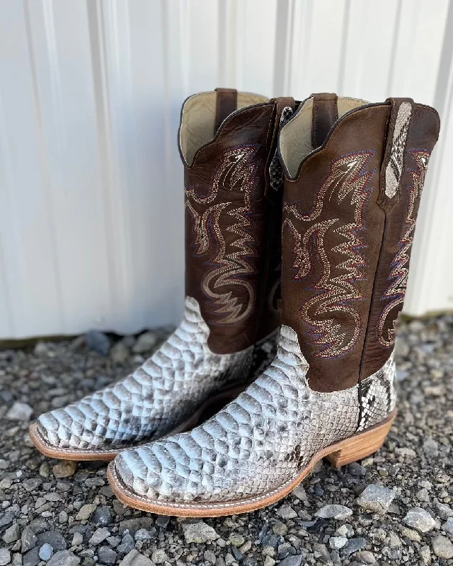 Men's cowboy boots with a tooled leather designR. Watson Men's Natural Python Brown & Cream Cutter Toe Cowboy Boots RW7910-1 Men's cowboy boots with a tooled leather designR. Watson Men's Natural Python Brown & Cream Cutter Toe Cowboy Boots RW7910-1