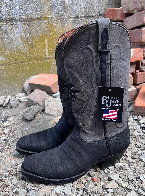 Men's genuine leather cowboy boots with a pointed toeBlack Jack Men’s Sueded Black Caiman Belly Cowboy Boots SBK243-V4 Men's genuine leather cowboy boots with a pointed toeBlack Jack Men’s Sueded Black Caiman Belly Cowboy Boots SBK243-V4