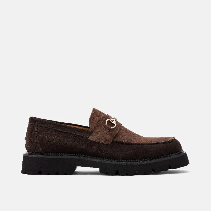 Men's loafers with a stretchy side panel for a better fitBlake Triple Brown Suede Lug Bit Loafers