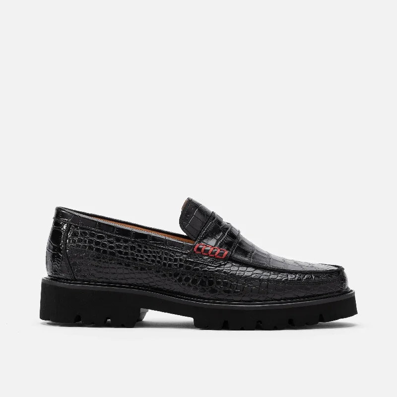 Men's leather loafers with a penny slotAdler Black Croc Leather Lug Penny Loafers