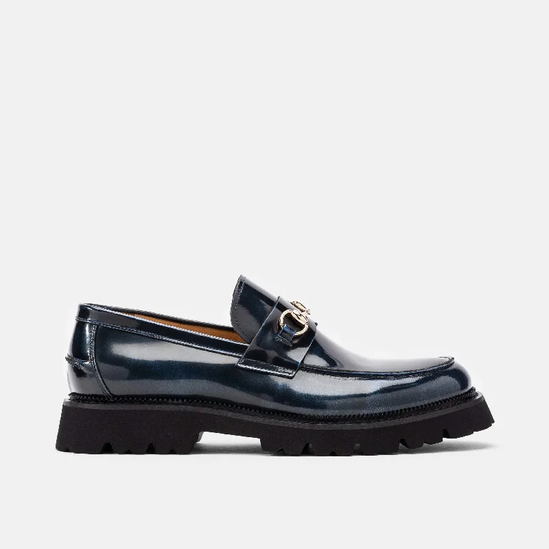 Men's loafers with a smooth leather finishBlake Navy Patent Leather Lug Bit Loafers