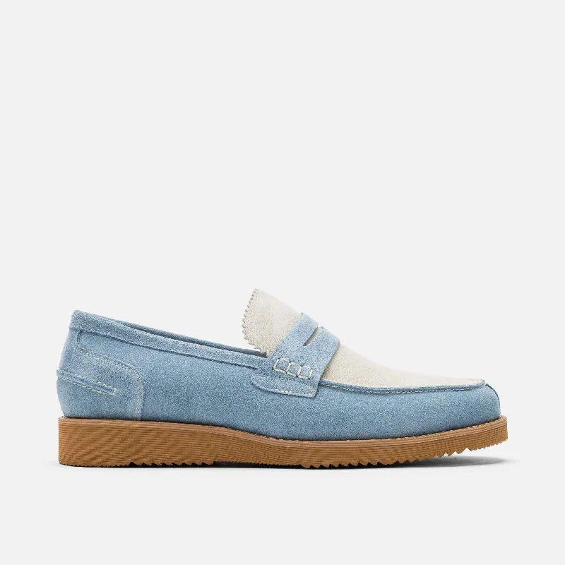 Men's loafers with a perforated leather upper for ventilationAbe Baby Blue Suede Penny Loafers