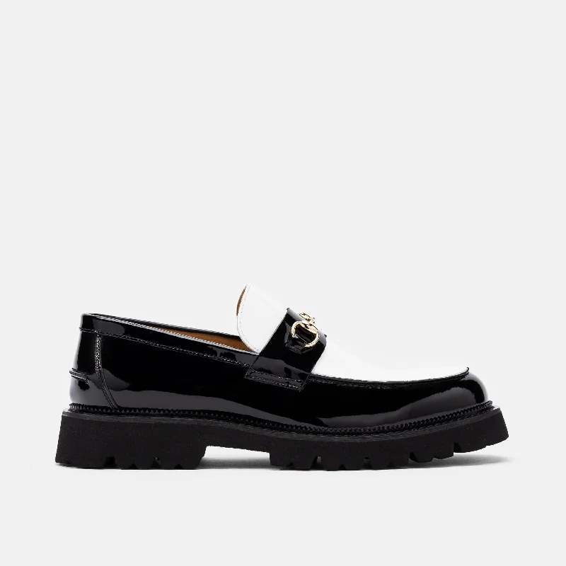 Men's loafers with a leather lacing systemBlake Black/White Patent Leather Lug Bit Loafers
