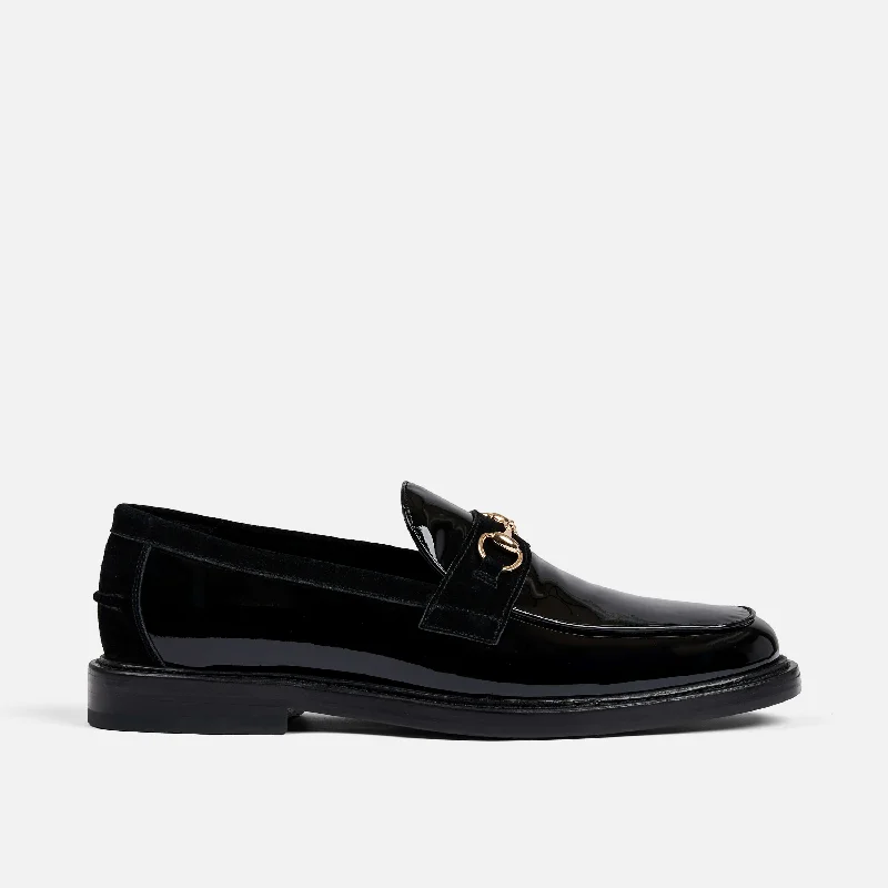 Men's loafers with a leather lacing systemBoardwalk Black Patent Leather Horse-Bit Loafers Men's loafers with a leather lacing systemBoardwalk Black Patent Leather Horse-Bit Loafers