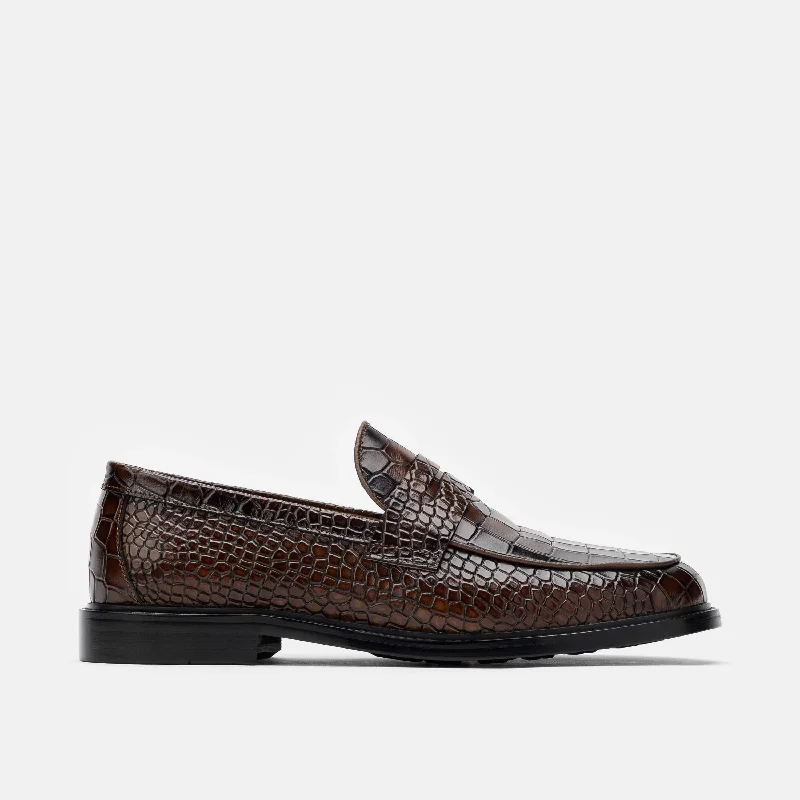 Men's loafers with a rubber sole for durabilityCalum Brown Crocskin Leather Penny Loafers