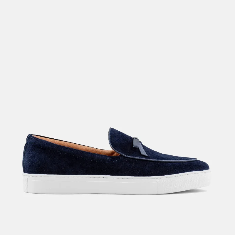 Men's loafers with a perforated leather upper for ventilationOdell Navy Suede Belgian Loafer Sneakers Men's loafers with a perforated leather upper for ventilationOdell Navy Suede Belgian Loafer Sneakers