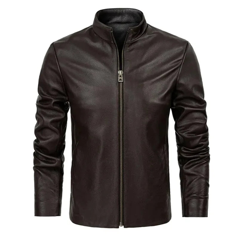 Autumn Fashion Cowhide Genuine Leather Stand Collar Jacket for Men