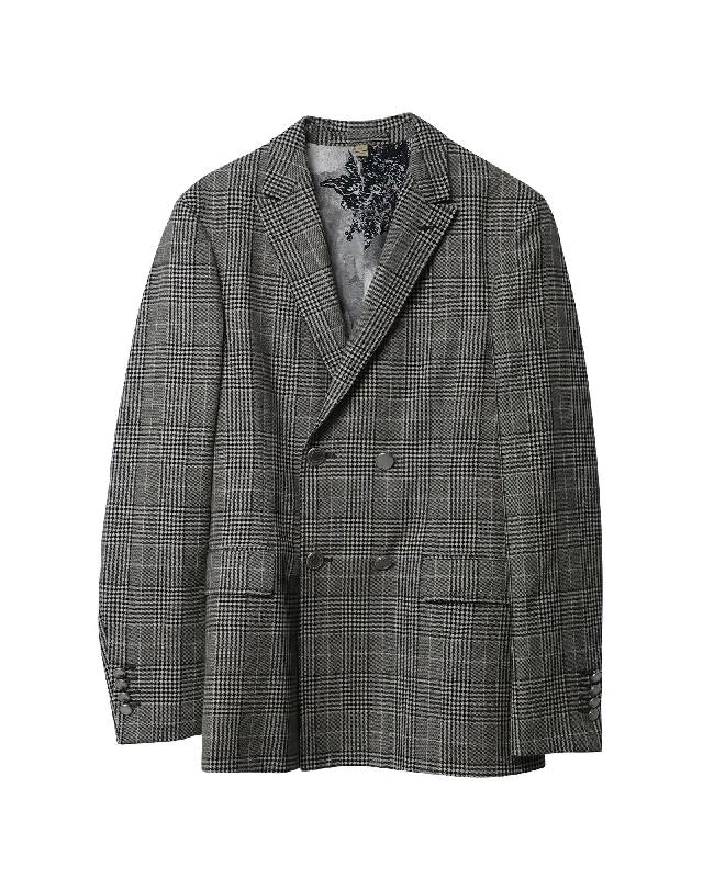 Burberry Slim-Fit Check Double-Breasted Jacket in Grey Wool