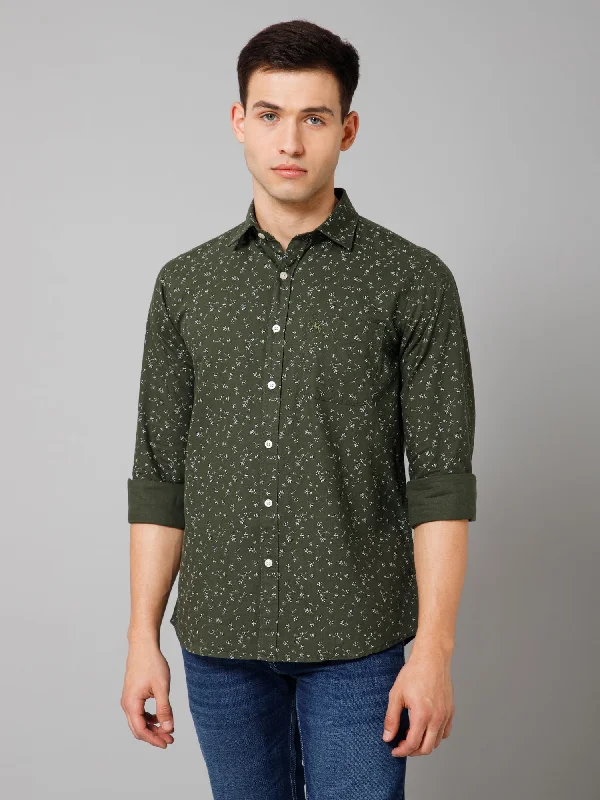 Men's Olive Green Casual Floral Print Full Sleeve Shirt