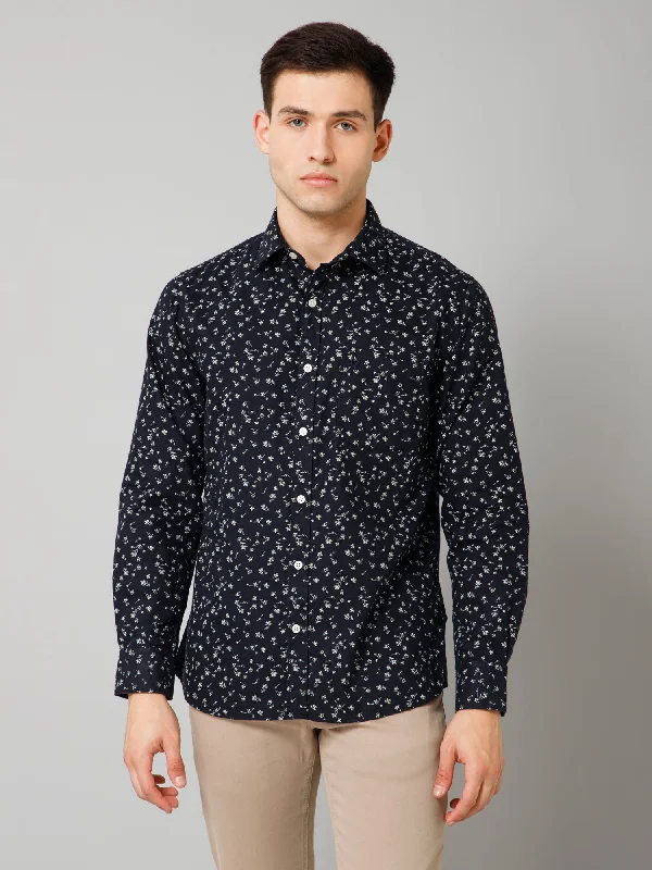 Men's Navy Blue  Casual Floral Print Full Sleeve Shirt