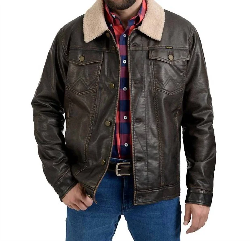 Faux Leather Chest Pockets Sherpa Jacket In Brown