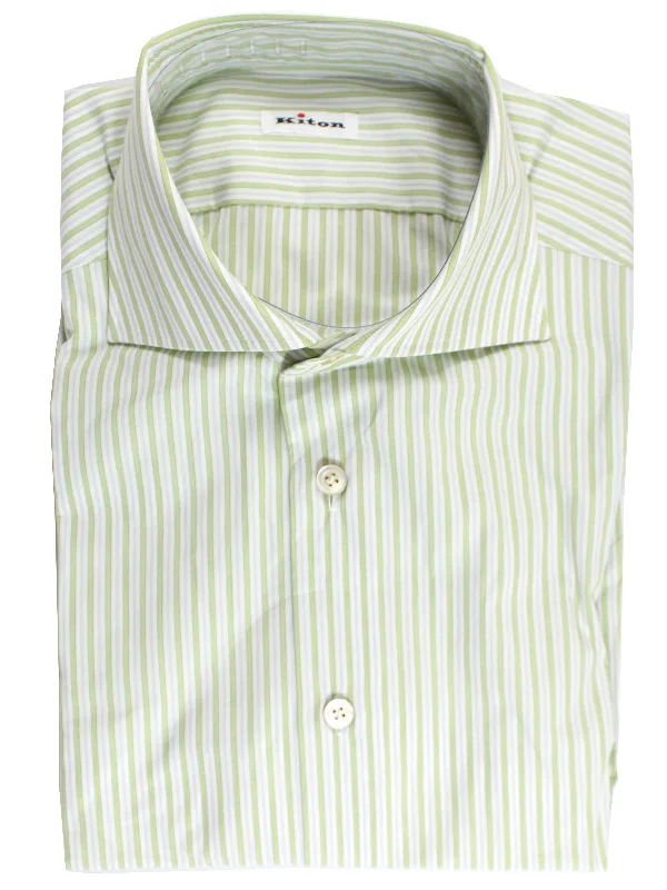 Kiton Dress Shirt White Green Stripes Spread Collar 41 - 16 REDUCED - SALE