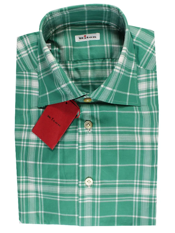 Kiton Sport Shirt White Green Plaid 45 - 18 REDUCED SALE